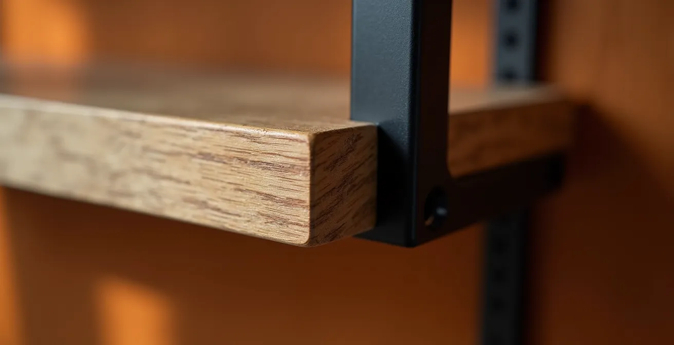 Détail macro d'une fixation murale innovante en bois et métal pour rangement mural